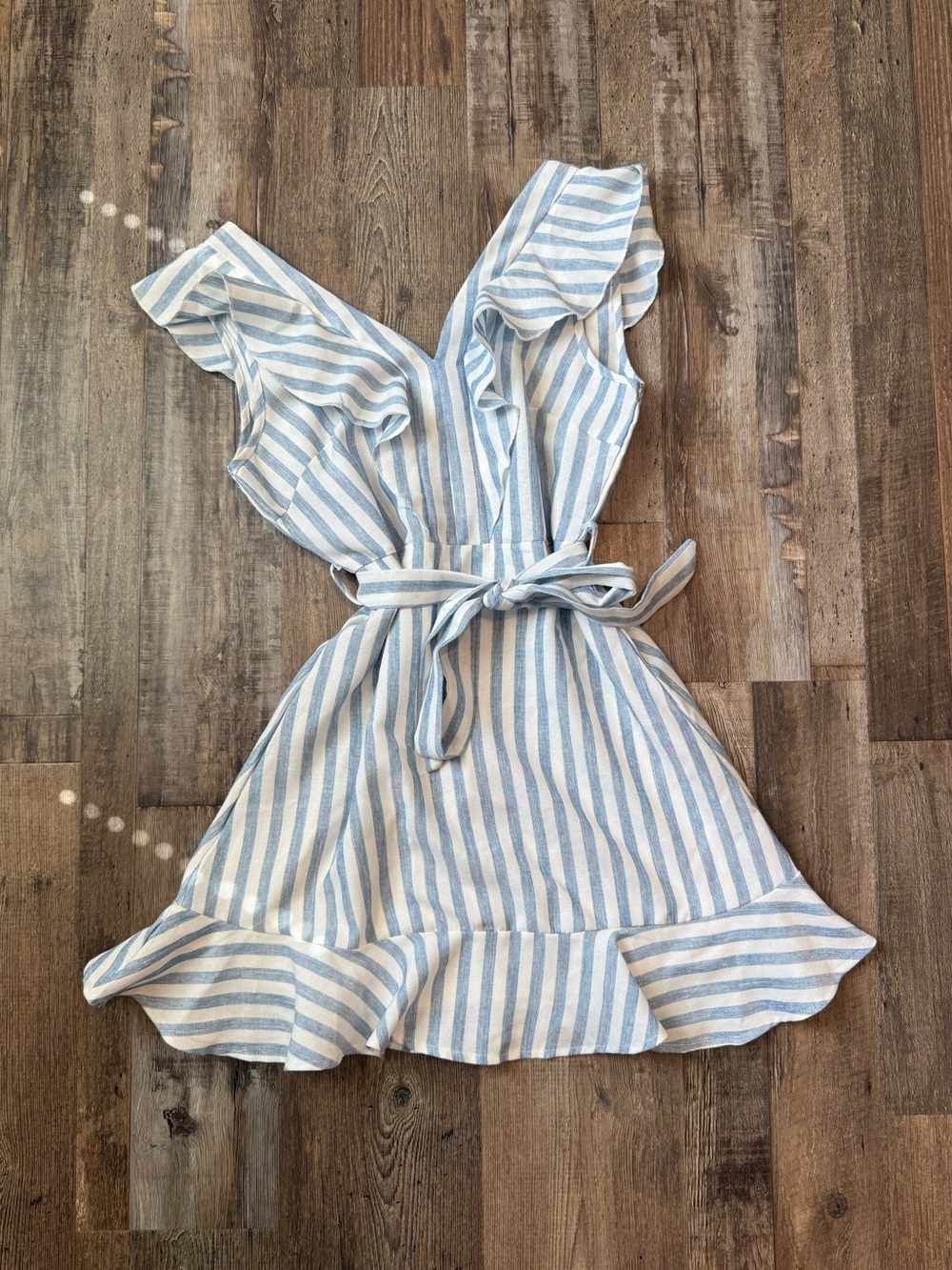 Blue and White Striped Ruffle Dress with Tie Waist